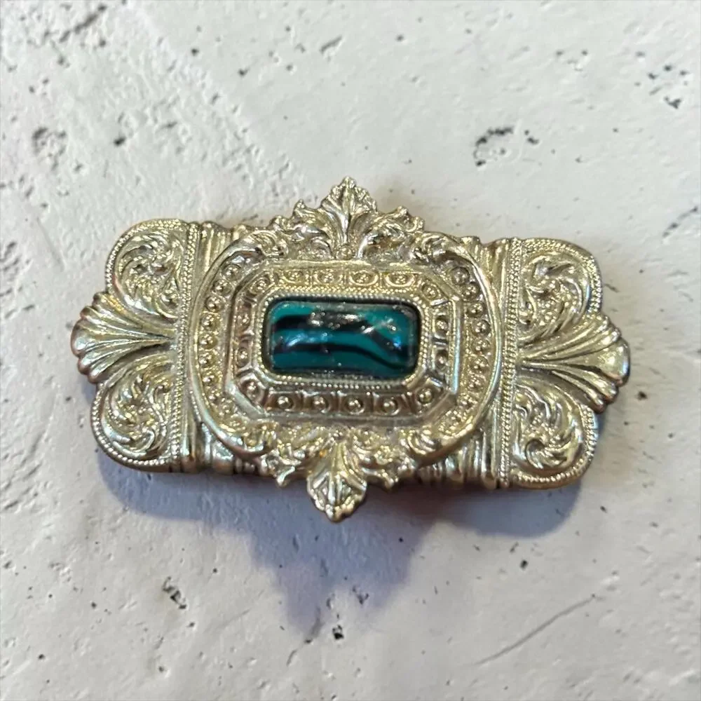 1928 Jewelry Art Deco Revival Brooch Teal Glass Ornate Gold Tone Statement Pin